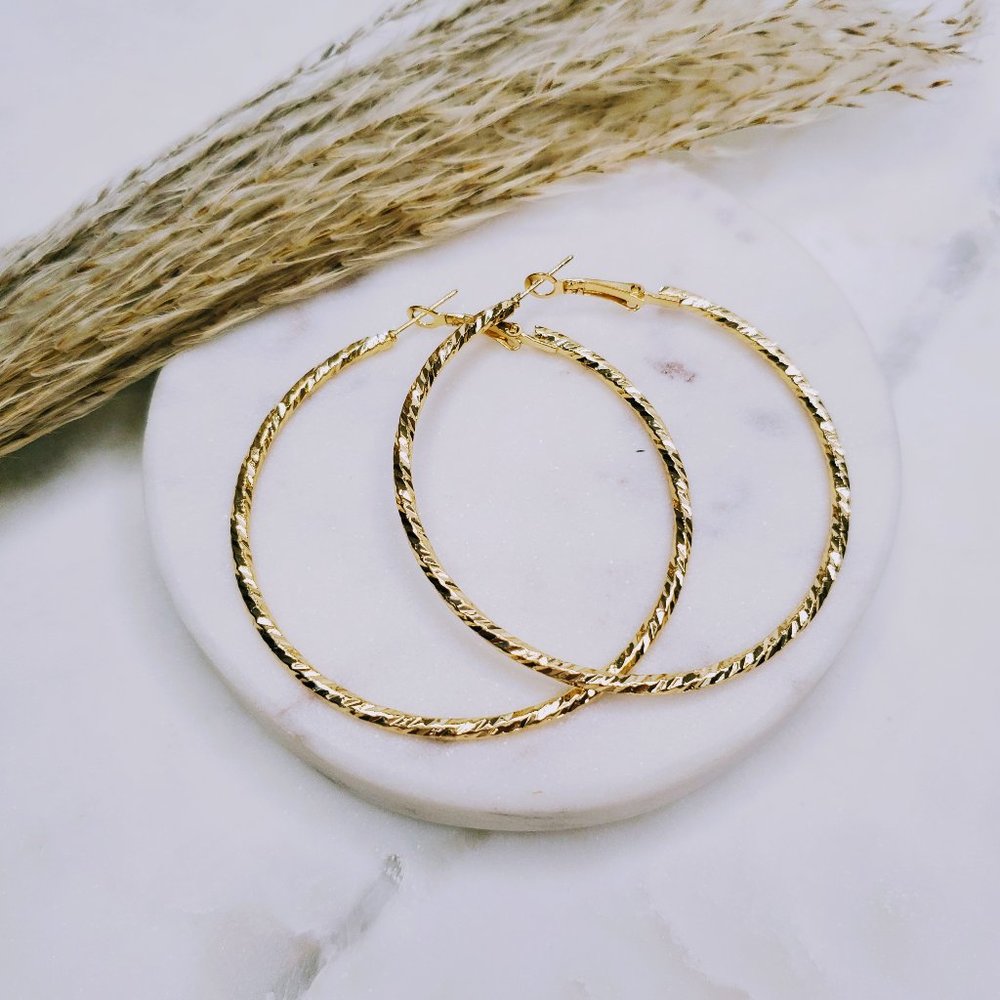 5 for $25 Gold Color Textured Metal Hoop Earrings - Picture 3 of 5